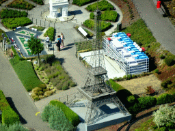 Scale models of the Eiffel Tower, the Centre Georges Pompidou and the Arc de Triomphe of Paris at the France section of the Mini-Europe miniature park, viewed from Level 7 of the Atomium