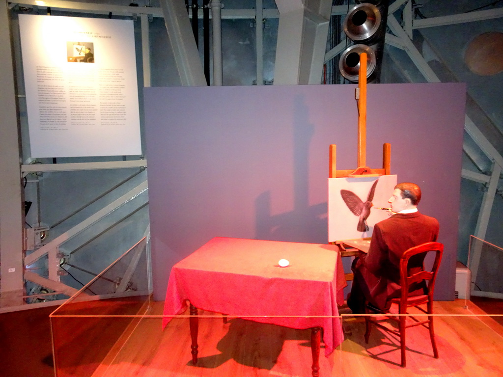 Reconstruction of the painting `La Clairvoyance` by René Magritte at the `Magritte - Atomium meets Surrealism` exhibition at Level 3 of the Atomium, with explanation