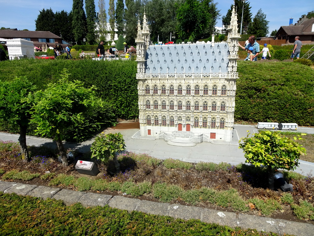 Scale model of the Leuven City Hall at the Belgium section of the Mini-Europe miniature park, with explanation
