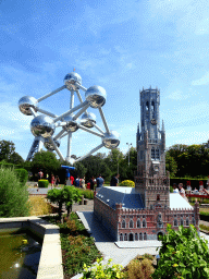 Scale model of the Belfort tower of Bruges at the Belgium section of the Mini-Europe miniature park, and the Atomium