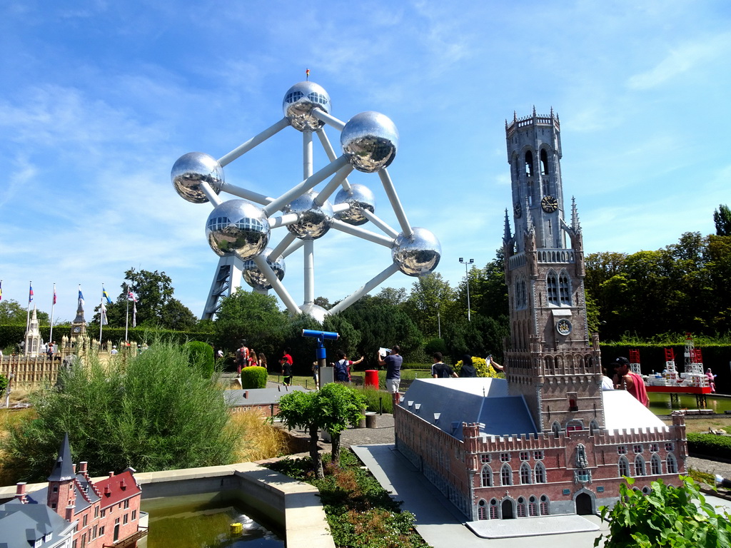 Scale model of the Belfort tower of Bruges at the Belgium section of the Mini-Europe miniature park, and the Atomium