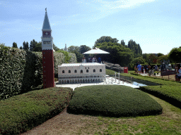 Scale model of the Piazzetta San Marco square with the Campanile tower of the Basilica di San Marco church and the Palazzo Ducale palace of Venice at the Italy section of the Mini-Europe miniature park