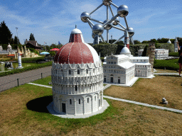 Scale model of the Piazza del Duomo square with the Baptistry of St. John, the Pisa Duomo cathedral and the Leaning Tower of Pisa at the Italy section of the Mini-Europe miniature park, and the Atomium