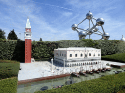 Scale model of the Piazzetta San Marco square with the Campanile tower of the Basilica di San Marco church and the Palazzo Ducale palace of Venice at the Italy section of the Mini-Europe miniature park, and the Atomium