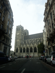 South side of the Cathedral of St. Michael and St. Gudula at the Place Sainte-Gudule square, viewed from the car on the Rue de la Chancellerie street