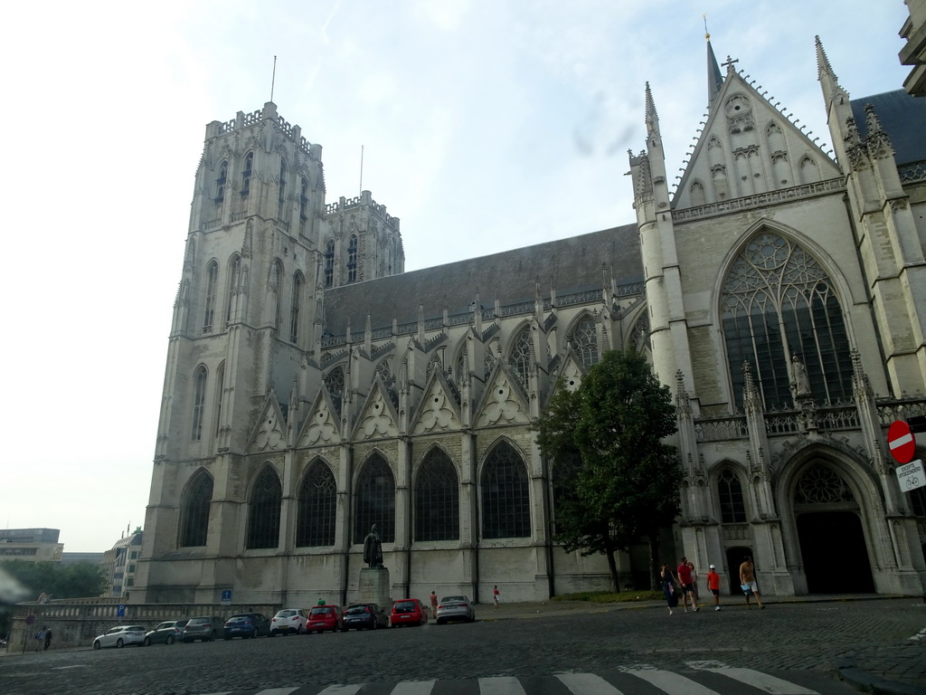 South side of the Cathedral of St. Michael and St. Gudula at the Place Sainte-Gudule square, viewed from the car on the Rue de la Chancellerie street