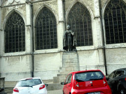 Statue of Désiré-Joseph Mercier at the south side of the Cathedral of St. Michael and St. Gudula at the Place Sainte-Gudule square, viewed from the car