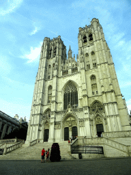 Front of the Cathedral of St. Michael and St. Gudula at the Place Sainte-Gudule square, viewed from the car