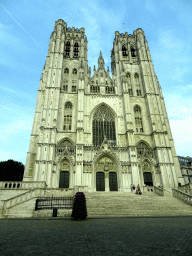 Front of the Cathedral of St. Michael and St. Gudula at the Place Sainte-Gudule square, viewed from the car