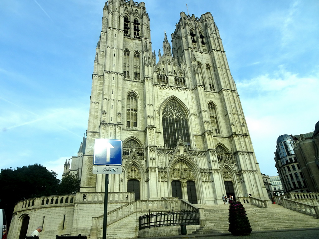 Front of the Cathedral of St. Michael and St. Gudula at the Place Sainte-Gudule square, viewed from the car