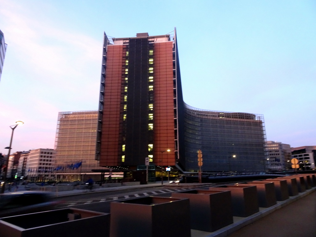 Front of the Berlaymont building of the European Commission at the Rue de la Loi street, at sunset