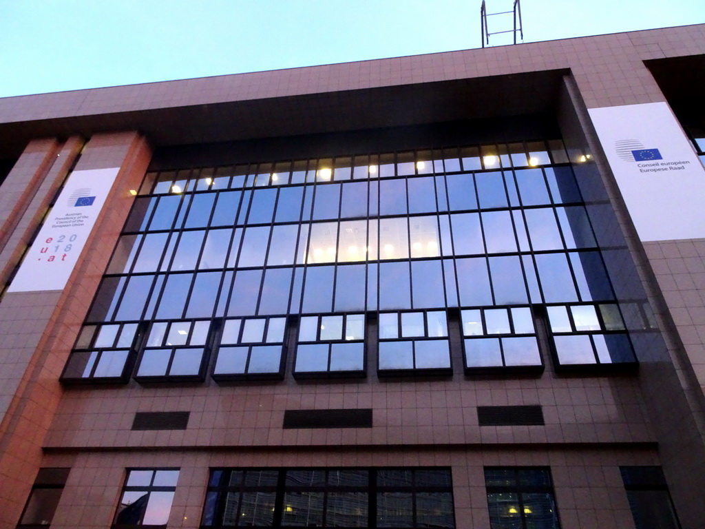 Facade of the Justus Lipsius building of the European Commission at the Rue de la Loi street, at sunset