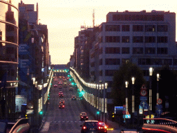 The Rue de la Loi street with the front of the Thon Hotel EU, viewed from the Schuman Roundabout, at sunset