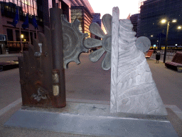 Piece of art for the European Year of the Environment, at the Schuman Roundabout, at sunset