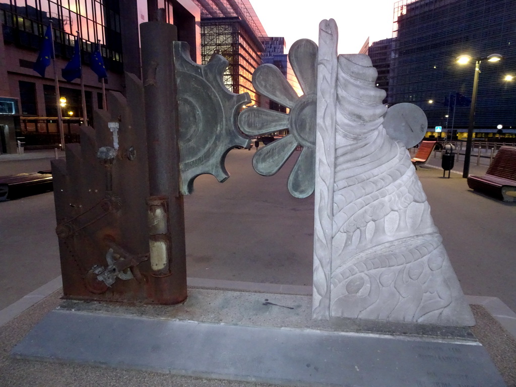 Piece of art for the European Year of the Environment, at the Schuman Roundabout, at sunset