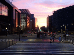 The Schuman Roundabout and the Rue de la Loi street with the Justus Lipsius, Europa, Lex, Charlemagne and Berlaymont buildings of the European Commission, at sunset