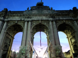 Back side of the Arcade du Cinquantenaire arch at the Cinquantenaire Park, by night