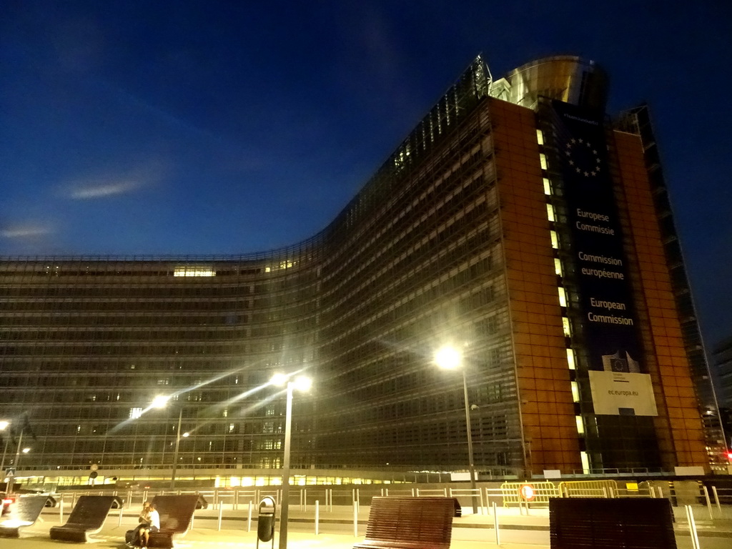 Front of the Berlaymont building of the European Commission at the Rue de la Loi street, by night