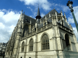 Front of the Eglise Notre Dame du Sablon church at the Rue de la Régence street, viewed from the car