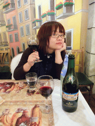 Miaomiao having drinks in our Italian dinner restaurant in Vaci Utca street
