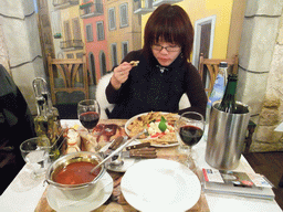 Miaomiao having dinner in an Italian restaurant `La Porta di Taormina` in Vaci Utca street