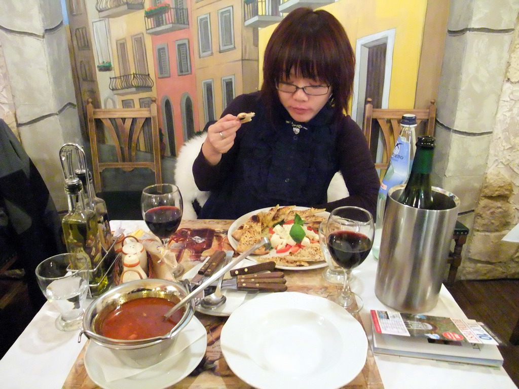 Miaomiao having dinner in an Italian restaurant `La Porta di Taormina` in Vaci Utca street