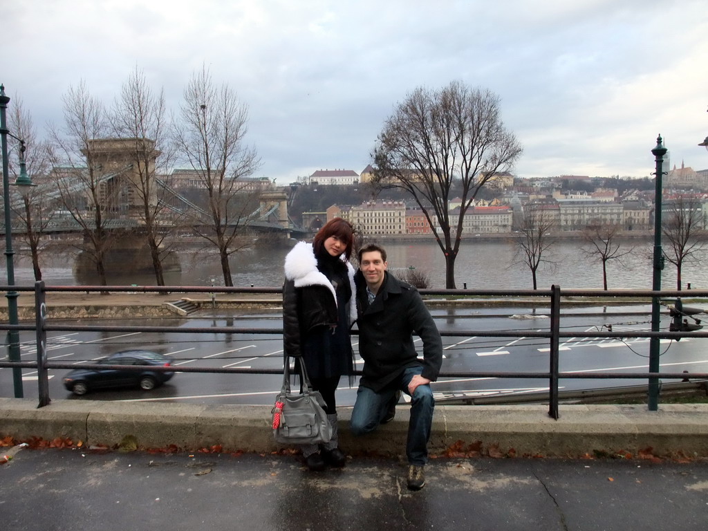 Tim and Miaomiao at the Széchenyi Chain Bridge over the Danube river, the Buda Castle, the Budapest Castle Hill Funicular and the Matthias Church (Mátyás Templom)