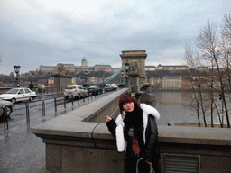 Miaomiao at the Széchenyi Chain Bridge over the Danube river and the Buda Castle