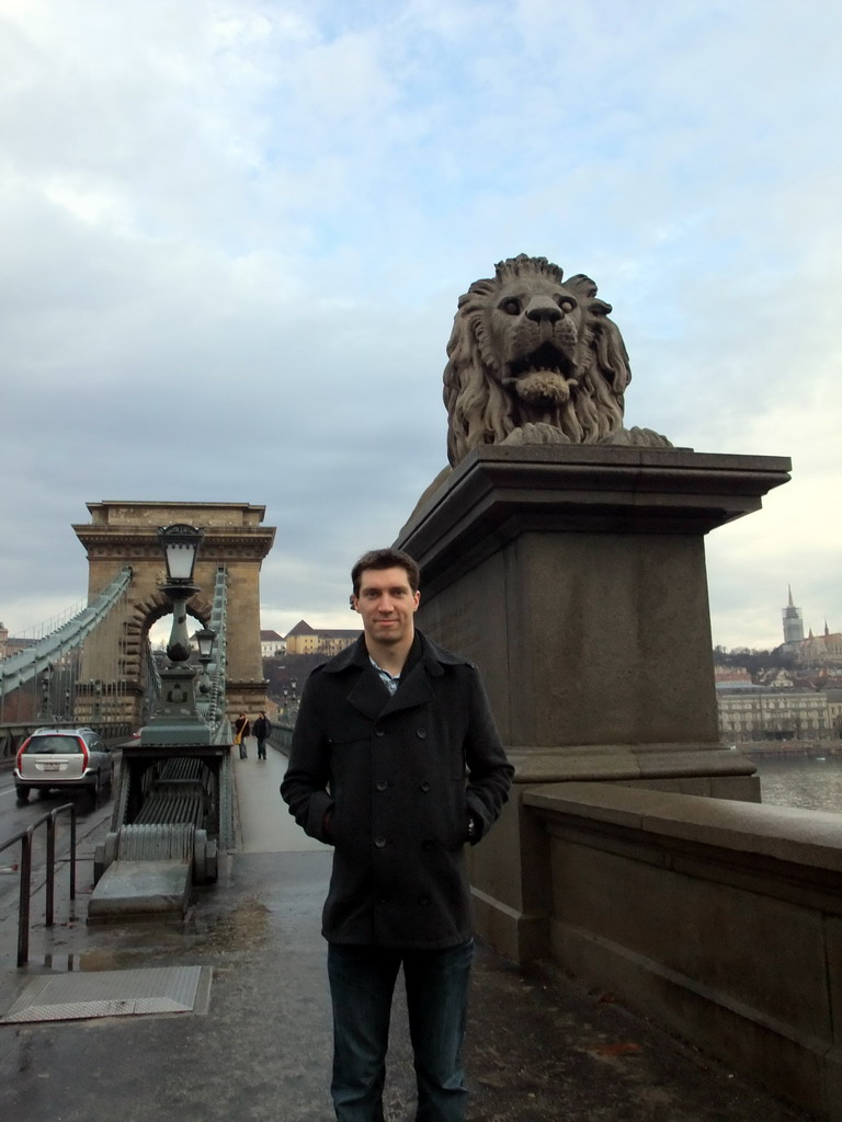 Tim at the Széchenyi Chain Bridge over the Danube river and the Matthias Church