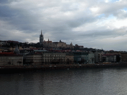 The western riverside of the Danube river, with the Matthias Church, viewed from the Széchenyi Chain Bridge