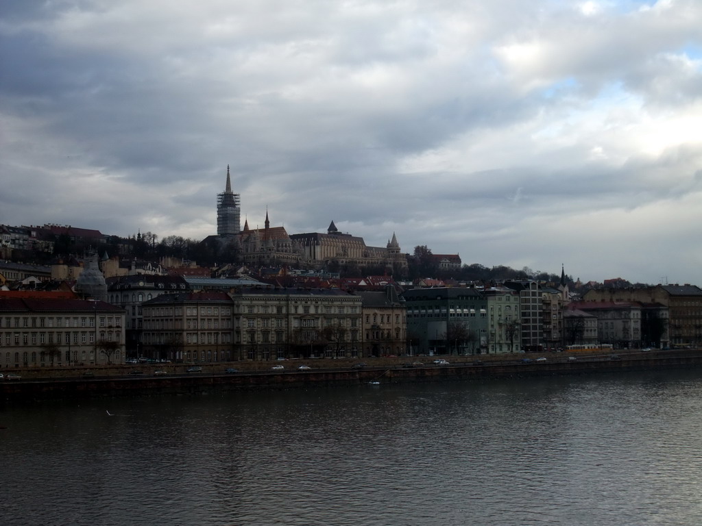 The western riverside of the Danube river, with the Matthias Church, viewed from the Széchenyi Chain Bridge