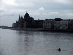 The eastern riverside of the Danube river, with the Hungarian Parliament Building, viewed from the Széchenyi Chain Bridge