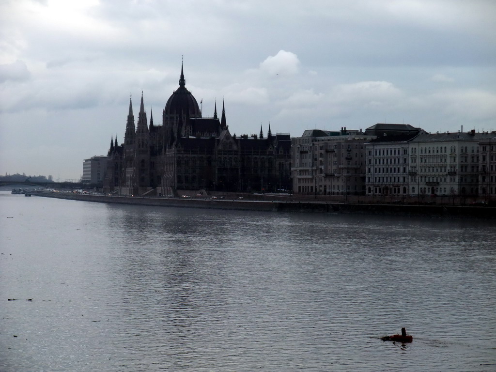 The eastern riverside of the Danube river, with the Hungarian Parliament Building, viewed from the Széchenyi Chain Bridge