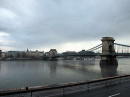 The Széchenyi Chain Bridge over the Danube river, the Gresham Palace and Saint Stephen`s Basilica