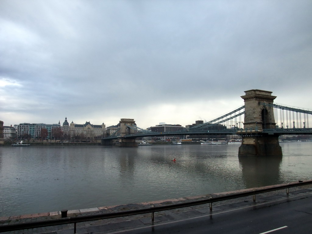 The Széchenyi Chain Bridge over the Danube river, the Gresham Palace and Saint Stephen`s Basilica