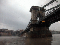 The Széchenyi Chain Bridge, the Buda Castle and the Budapest Castle Hill Funicular, from the cruise boat on the Danube river