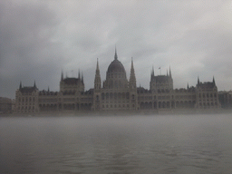 The Hungarian Parliament Building in the myst, from the cruise boat on the Danube river