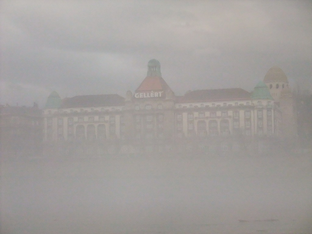 Hotel Gellért in the myst, from the cruise boat on the Danube river