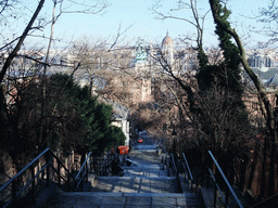 Miaomiao at the stairs at the north side of Buda Castle Hill, with view on the Hungarian Parliament Building