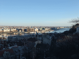 The Széchenyi Chain Bridge and Elizabeth Bridge over the Danube river and the Gresham Palace, viewed from the Fisherman`s Bastion