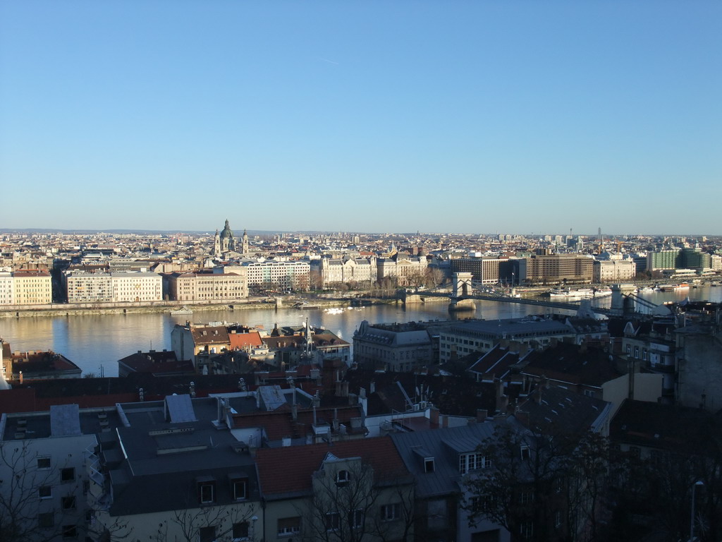 The Széchenyi Chain Bridge over the Danube river, the Gresham Palace and Saint Stephen`s Basilica, viewed from the Fisherman`s Bastion