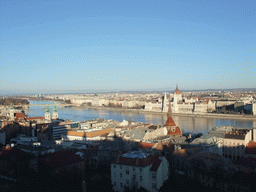 The Hungarian Parliament Building, Margaret Island (Margit-sziget), the Margaret Bridge (Margit hid) over the Danube river, the Reformed Church of Szilágyi Dezso Tér and the Church of St. Anne, viewed from the Fisherman`s Bastion