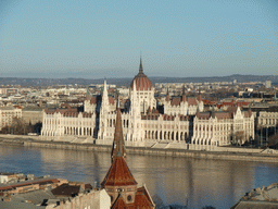The Hungarian Parliament Building, the Danube river and the Reformed Church of Szilágyi Dezso Tér, viewed from the Fisherman`s Bastion