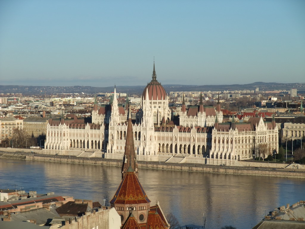 The Hungarian Parliament Building, the Danube river and the Reformed Church of Szilágyi Dezso Tér, viewed from the Fisherman`s Bastion