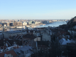 The Széchenyi Chain Bridge, Elizabeth Bridge and Liberty Bridge over the Danube river, viewed from the Fisherman`s Bastion