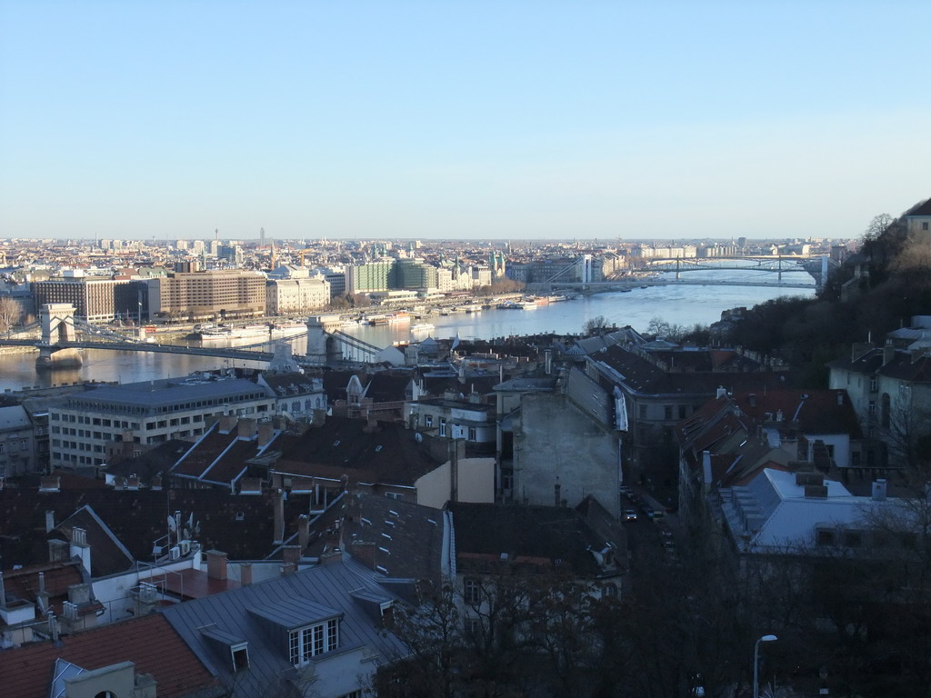 The Széchenyi Chain Bridge, Elizabeth Bridge and Liberty Bridge over the Danube river, viewed from the Fisherman`s Bastion