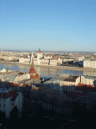 The Hungarian Parliament Building, the Danube river and the Reformed Church of Szilágyi Dezso Tér, viewed from the Fisherman`s Bastion