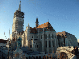 Matthias Church and a bronze statue of Stephen I of Hungary, viewed from the Fisherman`s Bastion