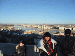 Miaomiao at the Fisherman`s Bastion, with view on the Hungarian Parliament Building, Margaret Island, the Margaret Bridge over the Danube river, the Reformed Church of Szilágyi Dezso Tér and the Church of St. Anne