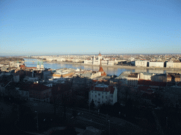 The Hungarian Parliament Building, Margaret Island, the Margaret Bridge over the Danube river, the Reformed Church of Szilágyi Dezso Tér and the Church of St. Anne, viewed from the Fisherman`s Bastion